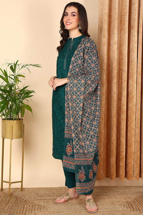 Plus Size Teal Green Pure Cotton Floral Embroidered Straight Suit Set